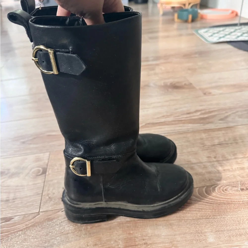 Kids Black Leather Knee-High Boots with Buckles - Picture 5 of 6